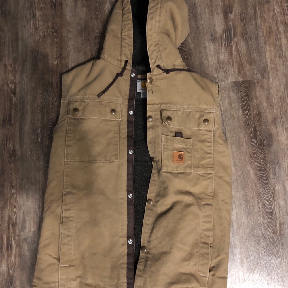 Tan Carhartt fleece lined hooded vest-small